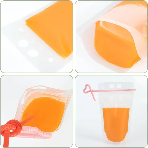 Miniatura 8 de Ozera - 100 bolsas de bebidas, bolsas de jugo de 16 onzas con 100 popotes y embudo Cremallera sellada, bolsas de jugo de batido de mano