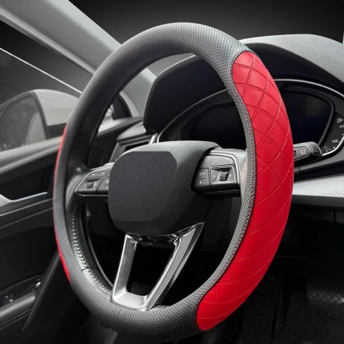 Miniatura 11 de LKWLIKEI - Funda para volante de piel Nappa, diseño elegante, patrón a cuadros, antideslizante, resistente al desgaste, mejora la comodidad de Negro