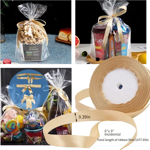 Miniatura 4 de Giftvest 50 bolsas de celofán transparente con fuelle de 6 x 9 pulgadas, bolsas de plástico para envolver regalos con cinta de satén dorada