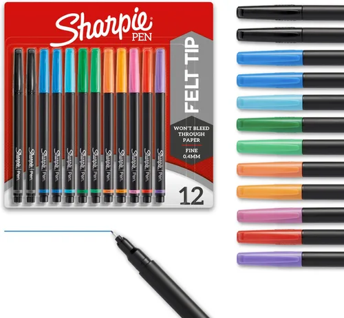 Sharpie Bolígrafos de punta de fieltro, bolígrafos de punta fina (0.4mm), marcadores de punta de fieltro, colores surtidos, 12 unidades - Para