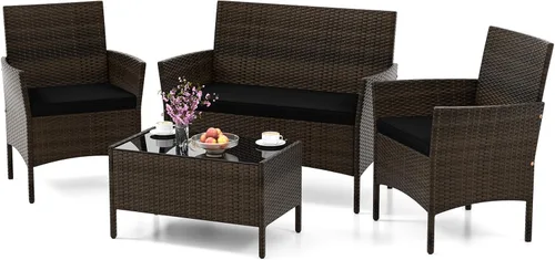 Miniatura 19 de HAPPYGRILL Juego de 4 muebles de mimbre para exteriores, juego de muebles de mimbre para patio con sillas de dos plazas y mesa de café de vidrio