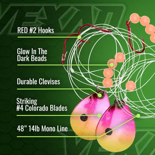 Miniatura 3 de Vexan Glow Walleye Spinner Rig - Live Bait Fishing Rig for Walleye with UV Glow Beads, #4 Colorado Spinning Plates, #2 Red J-Hook Setup, 48” Mono