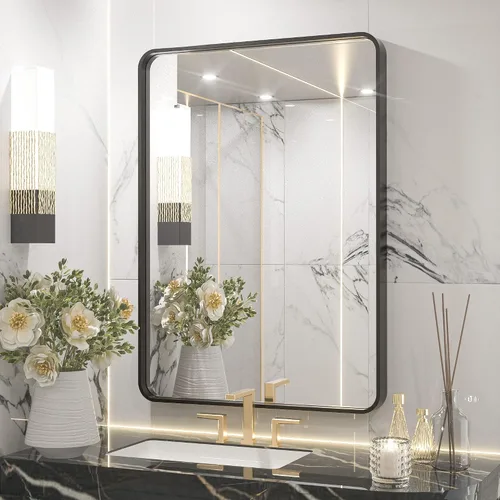 Miniatura 108 de TETOTE Espejo de marco dorado cepillado de 16 x 24 pulgadas, espejo de tocador de baño de latón dorado para pared, espejo enmarcado rectangular