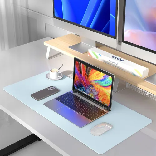 Miniatura 5 de Alfombrilla protectora de escritorio para mouse, alfombrilla grande de piel sintética para escritorio de oficina, antideslizante para teclado y Azul