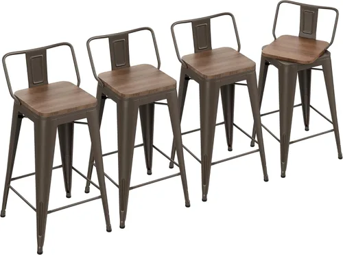 Miniatura 8 de Yongchuang Juego de 4 taburetes de bar giratorios de 26 pulgadas con respaldo, taburetes de bar industriales de metal negro con asiento de madera