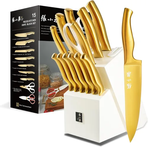 ZHANG XIAO QUAN Juego de cuchillos dorados con bloque blanco, juego de cuchillos de acero inoxidable de alto carbono, afilados como una navaja y
