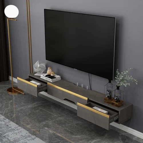 Miniatura 4 de Pmnianhua Soporte flotante para TV con 2 cajones, consola de TV de 66 pulgadas para montar en la pared, estante debajo de la TV con almacenamiento