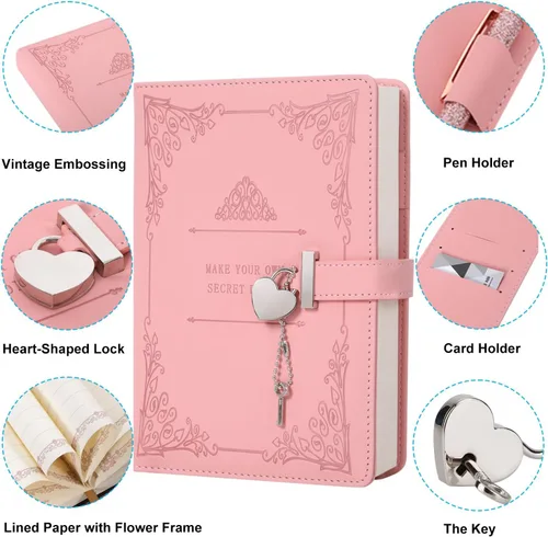 Miniatura 2 de Diario con candado en forma de corazón con bolígrafo, tamaño A5, cuero PU suave, diario con cierre, planificador personal, cuaderno de escritura