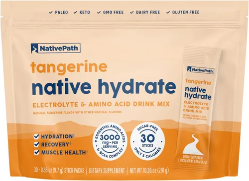 NativePath Tangerine - Paquetes de electrolitos sin azúcar, 30 porciones, 14 vitaminas, 2000 mg de BCAA y 9 aminoácidos, polvo de hidratación keto