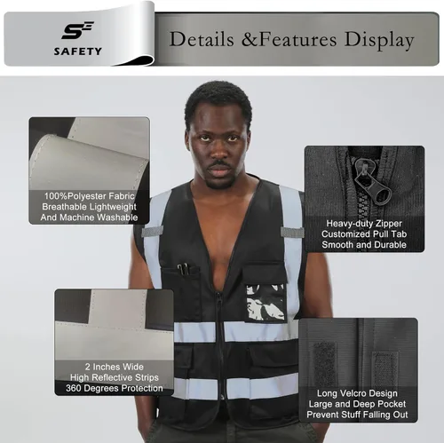 Miniatura 2 de sesafety Chaleco de seguridad con 9 bolsillos, chaleco reflectante de alta visibilidad, chaleco de seguridad, chaleco de trabajo para hombre