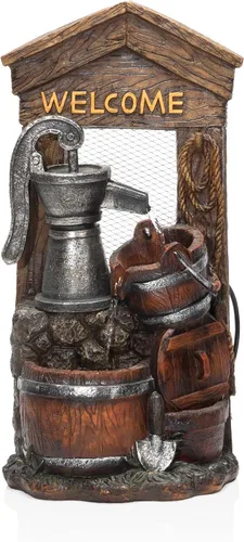 Miniatura 9 de Alpine Corporation ZEN576S - Bomba de agua de diseño rústico para exteriores y fuente de suelo de barril, letrero de bienvenida, 24 pulgadas