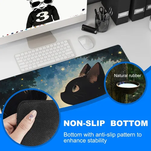 Miniatura 3 de Alfombrilla de escritorio, alfombrilla de ratón de anime linda gata negra extendida para juegos grande, 31.5"x11.8" gran alfombrilla de ratón