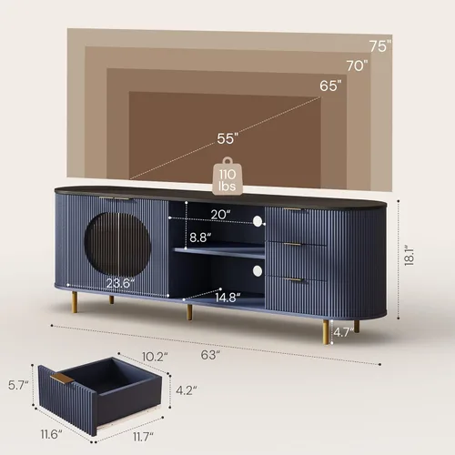 Miniatura 2 de Soporte de TV curvado de 69 pulgadas con puertas acrílicas onduladas y gran almacenamiento, consola multimedia moderna para televisores de hasta 80