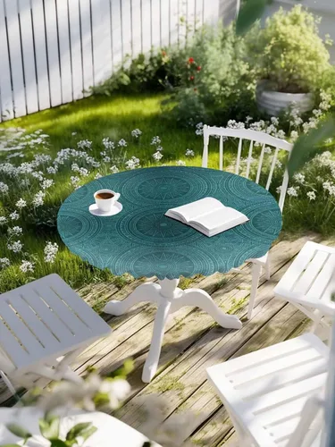Miniatura 8 de Mantel redondo ajustado con diseño floral de mandala aguamarina, estilo étnico bohemio con borde elástico, impermeable, mantel circular de flores