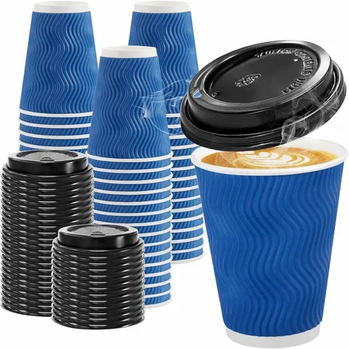 Miniatura 12 de Clawsoff Paquete de 100 tazas de café con tapas, de 8 onzas, desechables, aisladas, onduladas, para bebidas frías/calientes, oficina, hogar, tienda