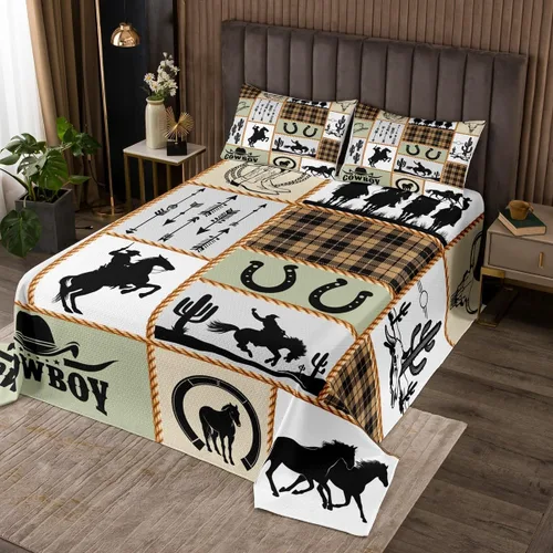 Miniatura 26 de Colcha de vaquero occidental para niños, tamaño individual, juego de colcha rústica de herraduras, cactus y herraduras, decoración de habitación