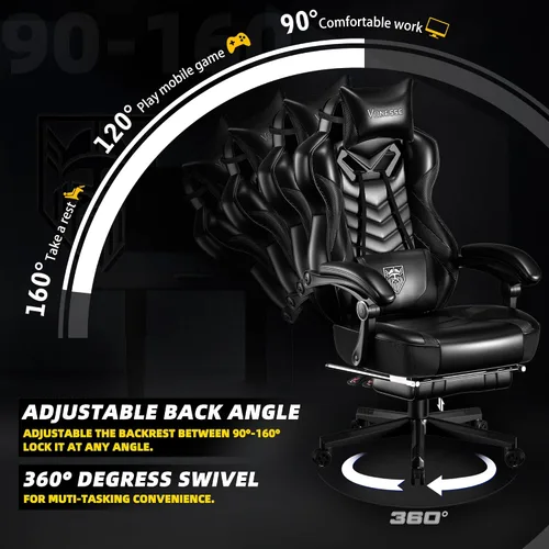 Miniatura 6 de Vonesse Silla de juegos, silla de oficina grande y alta con reposapiés y masaje, sillas de juegos para adultos con soporte lumbar, silla ergonómica