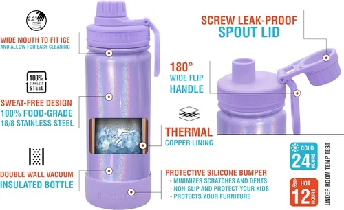 Miniatura 4 de CHILLOUT LIFE Botella de agua aislada para niños de 17 onzas para la escuela con tapa de boquilla a prueba de fugas y bonitas calcomanías Púrpura