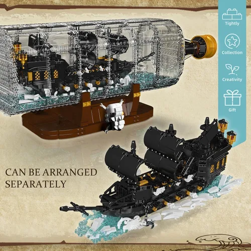 Miniatura 2 de Mould King 10065 Botella a la Deriva con Juego de Bloques de Construcción de Barco Perla Negra, Kit de Construcción de Modelo de Barco Pirata