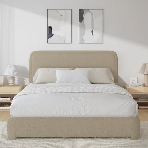 Miniatura 3 de BarnFurin Cloud Boucle - Base de cama de tamaño matrimonial, plataforma tapizada con cabecero, esquinas redondeadas suaves, no requiere somier, Beige