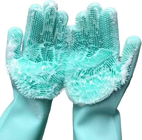 Miniatura 7 de Guantes de silicona para lavar platos, guantes de goma para el aseo de mascotas para fregar platos, lavado con esponja con estropajos
