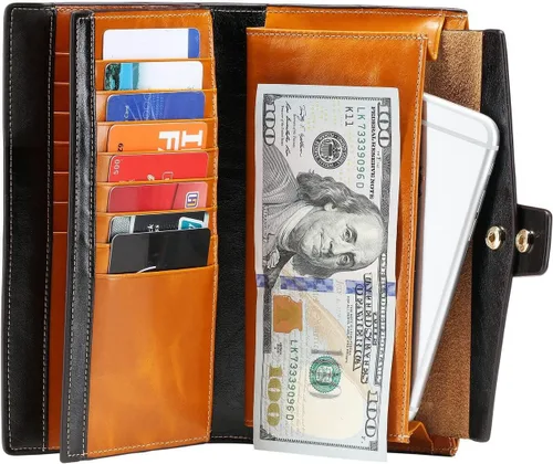 Miniatura 6 de Itslife - Cartera de piel sintética encerada para mujer con bloqueo de identificación de radio frecuencia (RFID), de gran capacidad, encerada