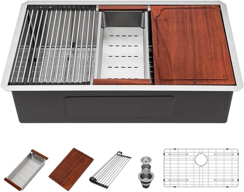 Fregadero de cocina de montaje inferior de 32 pulgadas – Beslend 32 Fregaderos de cocina de montaje inferior, estación de trabajo, acero inoxidable,
