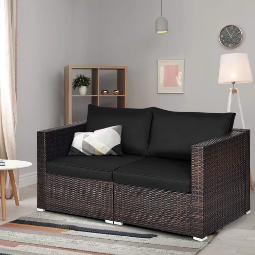 Miniatura 5 de Tangkula Sofá biplaza de mimbre de 2 piezas, muebles de patio con cojines extraíbles, sofá biplaza de ratán para balcón, terraza, jardín y piscina