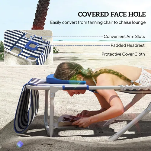 Miniatura 5 de Outsunny Silla bronceadora con agujero frontal, mesa auxiliar, sillón reclinable plegable de 5 posiciones, tumbona reclinable, correas de transporte