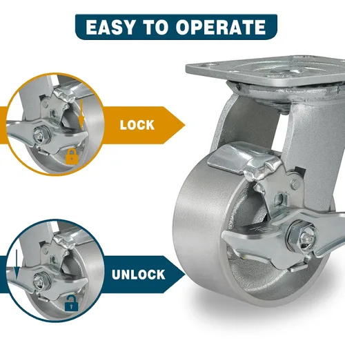 Miniatura 3 de Ruedas giratorias de 4" x 2", Ruedas industriales de servicio pesado, Ruedas giratorias con freno con rodamiento de rodillos - Ruedas de hierro