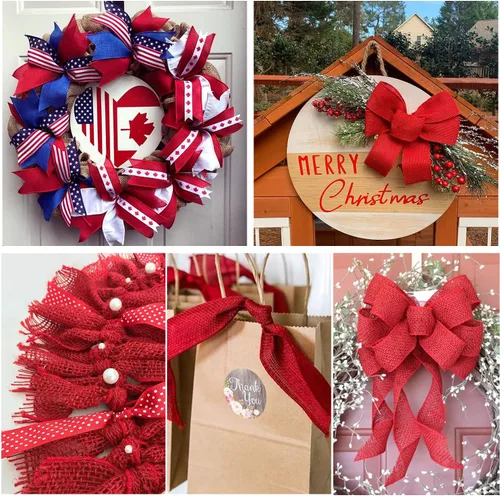 Miniatura 7 de HUIHUANG Cinta de arpillera roja con alambre de Navidad, cinta sólida con borde de alambre, cinta de yute de 2.5 pulgadas para coronas, lazos Rojo