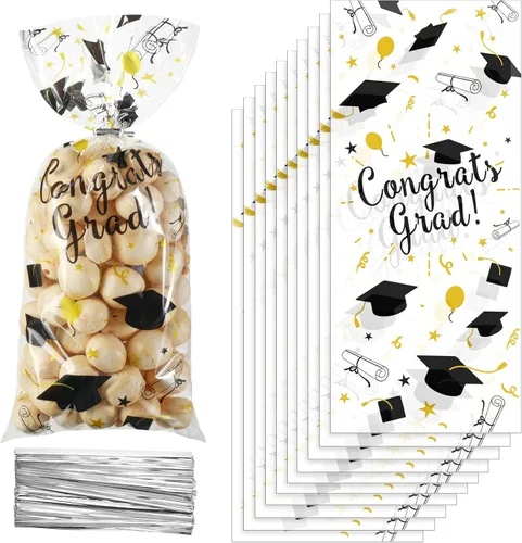 Blulu 100 bolsas de celofán de graduación, felicitaciones para graduados, bolsas de regalo de plástico con 100 lazos giratorios plateados para Negro
