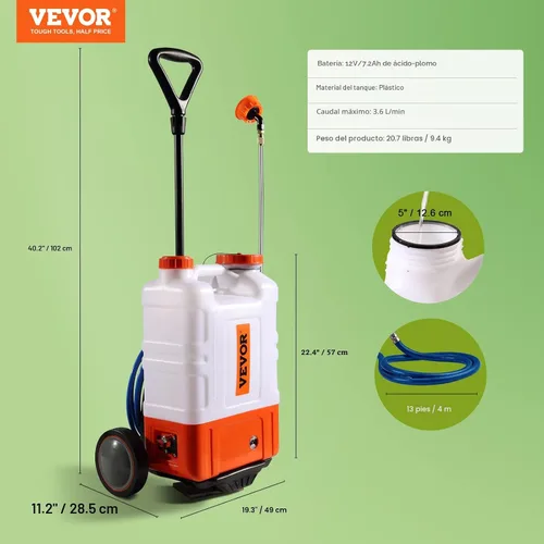 Miniatura 7 de VEVOR Pulverizador de mochila con batería de 4 galones con carro con ruedas, ajustable de 0-94 PSI, manguera de 13 pies, 6 boquillas, 2 varitas