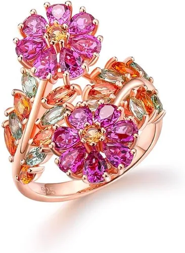 RANDES Anillo de plata de ley 925 chapada en oro de hoja colorida con diseño de flores, para mujeres y niñas, tallas 6 a 10