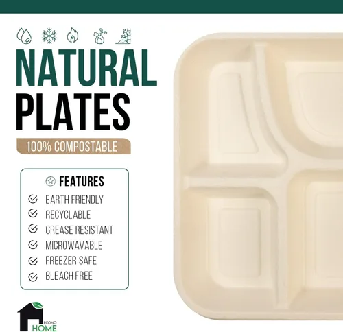 Miniatura 4 de EconoHome Paquete de 50 platos desechables con 5 compartimentos, bandeja compostable de caña de azúcar y bagazo ecológica, apta para microondas