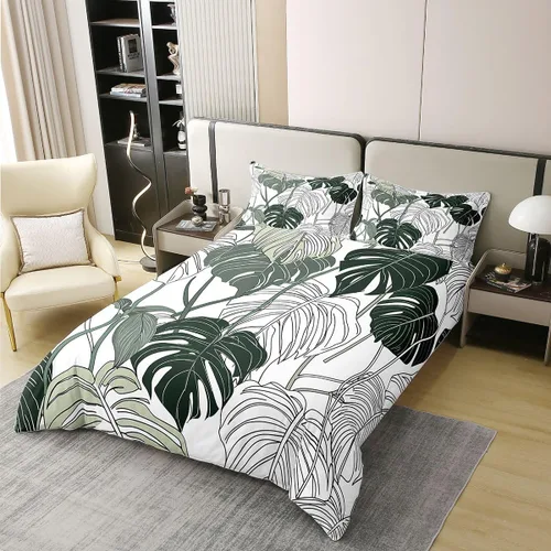 Miniatura 2 de Juego de ropa de cama 100% de algodón natural con hojas de palmera, funda de edredón Monstera con hojas tropicales, rama de hojas tropicales, funda