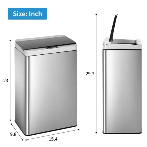 Miniatura 6 de Basurero automático de cocina de 13 galones con tapa, cubo de basura de acero inoxidable de 50 litros con sensor de movimiento y sin tacto, cubo