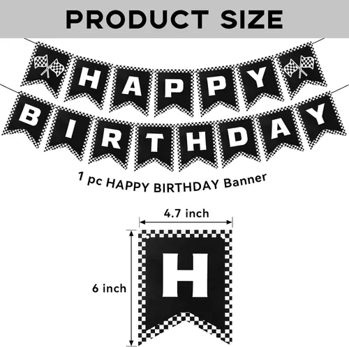 Miniatura 2 de Cartel de feliz cumpleaños de coche de carreras, decoraciones de fiesta de coche de carreras, bandera a cuadros en blanco y negro, bandera de fiesta
