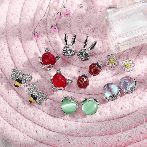 Miniatura 2 de Juego de 20 pares de aretes de ópalo de acero inoxidable para mujeres y niñas, animales arco iris, mariquita, abeja, mariposa, gato, serpiente