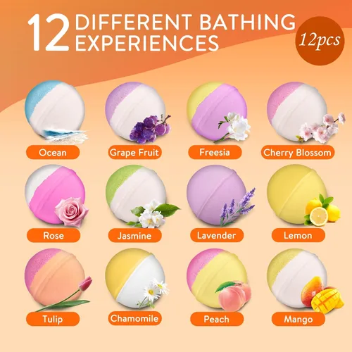 Miniatura 5 de Bombas de baño para mujer, paquete de 12 bombas de baño naturales hechas a mano con 12 aromas únicos, baño de burbujas relajante para hidratar
