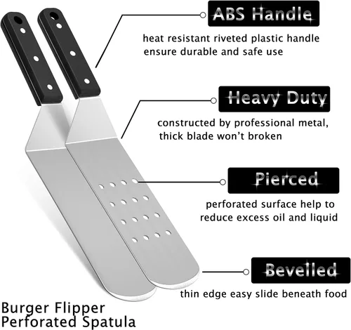 Miniatura 2 de HaSteeL Espátula de plancha de metal, acero inoxidable larga con mango remachado, girador de hamburguesas perforado resistente y sólido para cocinar
