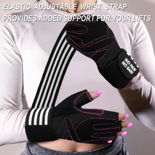 Miniatura 4 de Guantes de levantamiento de pesas para mujer, entrenamiento de gimnasio con soporte de muñeca, guantes acolchados de medio dedo para ejercicio