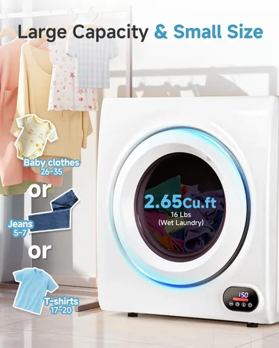 Miniatura 4 de Feelfunn Secadora de ropa portátil de 2.65 pies cúbicos - Secadora de ropa de 1400W con tambor de acero inoxidable, carga frontal por volteo, panel