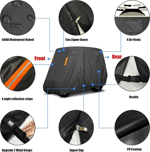 Miniatura 3 de 600D - Funda para carrito de golf de 4 + 2 plazas para 6 pasajeros, cubierta de carrito de golf para 4 pasajeros, techo extendido para 4 pasajeros