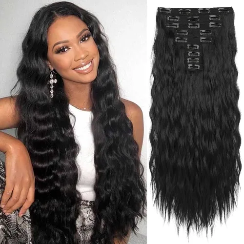 Miniatura 24 de REECHO Extensiones de cabello con clip, 5 piezas, de 24 pulgadas, de color rubio ceniza, extensiones de cabello con ondas largas y sueltas, HE002