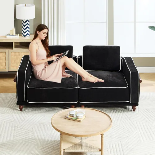 Miniatura 3 de Sofá biplaza modular de felpilla de 80 pulgadas, sofá pequeño color negro con fundas extraíbles lavables, cojines de espuma de alta resistencia
