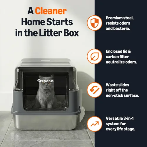 Miniatura 3 de Solpobei - Caja de arena de acero inoxidable cerrada, caja de metal para gatos, mediana Sartén pequeña para gatos con tapa, 18.7 pulgadas