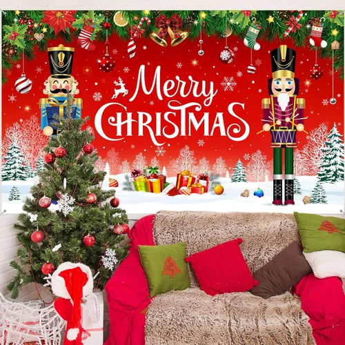 Miniatura 7 de Irenare - Telón de fondo de Navidad, banderines de Feliz Navidad, decoración para fiesta, fondo para fotografía de Navidad, accesorios para fotos