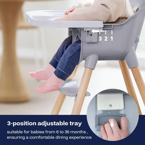 Miniatura 6 de Fodoss Trona convertible para bebé con patas de madera y bandeja extraíble apta para lavavajillas para niños y niñas, silla alta para niños pequeños