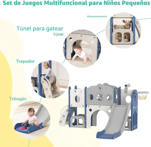 Miniatura 4 de kinbor Juego de toboganes 8 en 1 para niños pequeños, tobogán para niños con aro de baloncesto, juego para niños con escaleras fáciles de subir
